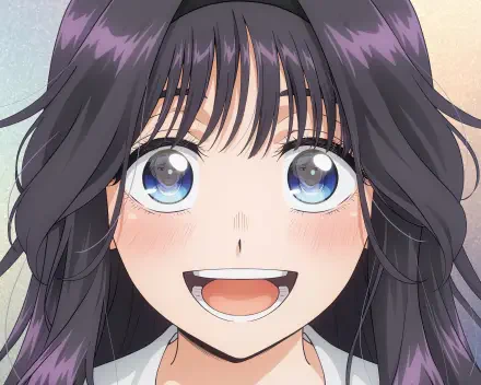 Anime close-up of Kaoruko Waguri from The Fragrant Flower Blooms With Dignity, smiling with sparkling blue eyes and dark hair; HD PC desktop wallpaper.