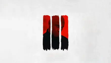 The Equalizer 3 8K Ultra HD PC desktop wallpaper and background: three red-and-black vertical brushstrokes on white revealing a shadowed face.