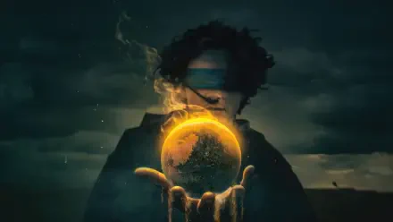 Dune: Part Three 4K Ultra HD PC desktop wallpaper — silhouetted figure cradles a glowing sand-covered planet above outstretched hands under a stormy sky.