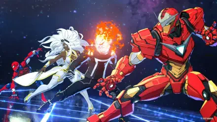 Marvel Tokon: Fighting Souls 4K Ultra HD PC desktop wallpaper — comic-style battle: red armored hero, flaming fighter, white-haired heroine and masked acrobat on a neon cosmic grid.