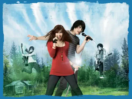 HD PC desktop wallpaper of Camp Rock: two young singers with microphones center stage, sunlight rays over a forest camp and band members playing in the misty background.