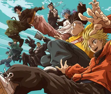 Vibrant 4K Ultra HD PC desktop wallpaper and background of Sakamoto Days anime cast leaping forward in dynamic action poses against a bright sky.