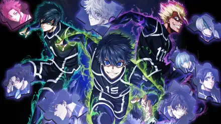 HD PC desktop wallpaper of Blue Lock characters racing forward amid swirling blue-green energy, center striker wearing #15 jersey with intense blue eyes.