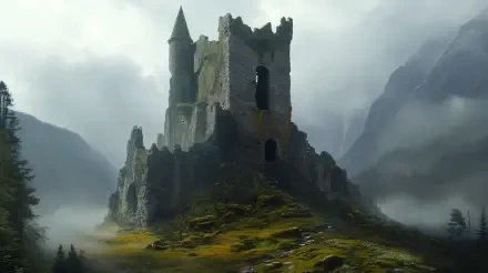 4K Ultra HD fantasy PC desktop wallpaper: moss-covered ruined castle on a rocky hill, shrouded in mist and surrounded by jagged mountains.