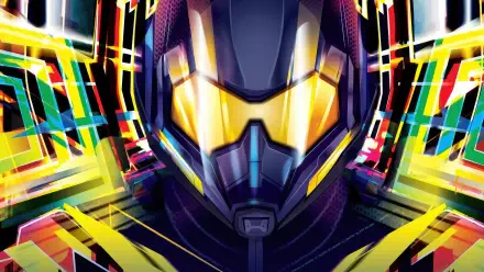 Neon close-up of Ant‑Man helmet with glowing yellow visor amid vibrant fractured light, Ant-Man and the Wasp Quantumania (2023) 4K Ultra HD PC desktop wallpaper background