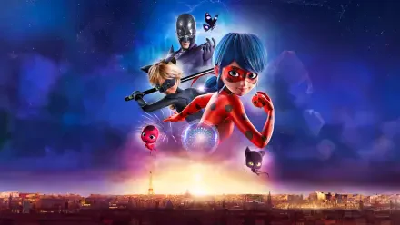 Miraculous: Ladybug & Cat Noir, The Movie — 8K Ultra HD PC desktop background: Ladybug front and center, Cat Noir and allies hover over a glowing Paris skyline beneath a vivid blue-purple sky.