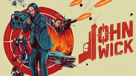 HD PC desktop wallpaper background for John Wick: Chapter 3 – Parabellum: stylized action collage of a gun-wielding assassin, explosions, vintage car and bold title logo.