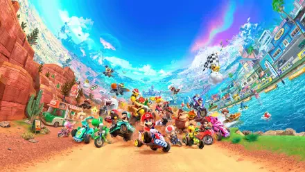 Vibrant Mario Kart world race: Mario and colorful racers speed along a sunlit seaside track beneath a bright blue sky — 4K Ultra HD PC desktop wallpaper/background.