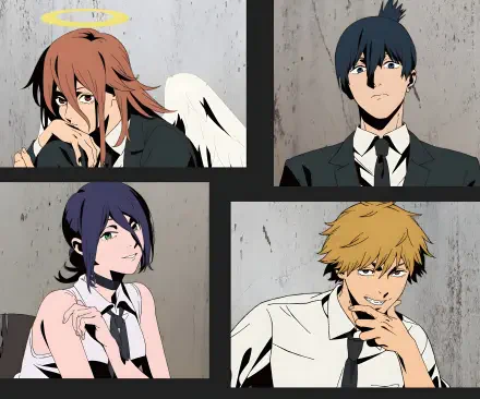 4K Ultra HD PC wallpaper: Chainsaw Man anime-style four-panel portraits—red-haired with wings, stoic dark-haired, purple-haired woman, and grinning blonde in suits.