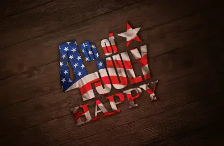 HD PC desktop wallpaper showing 4th of July Happy text in American flag stars-and-stripes over a rustic wood background, United States holiday theme.