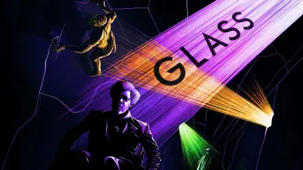 HD PC desktop wallpaper for Glass (Movie): neon purple, gold and green beams cut across a dark, webbed background, the word GLASS in light and two silhouetted figures in cinematic poses.