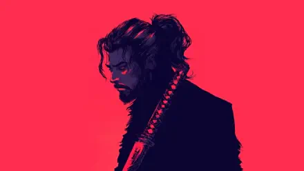 HD PC desktop wallpaper and background of Vagabond anime/manga Miyamoto Musashi: dark, brooding silhouette with tied-back hair and katana against a vivid red backdrop.