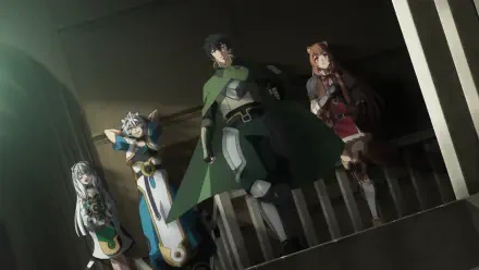 Anime HD PC desktop wallpaper of The Rising of the Shield Hero: Naofumi with Raphtalia, Filo and Melty standing on a balcony, poised in dramatic shadowed light.