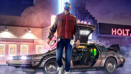 Back To The Future Part II HD PC desktop wallpaper/background: a man in a red puffer vest and visor stands beside an open-gullwing DeLorean under neon city lights.