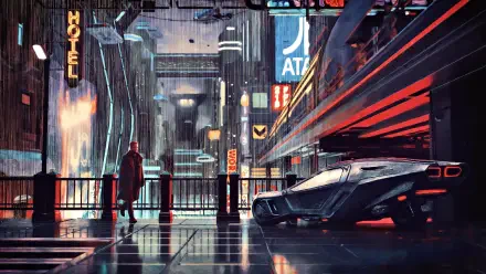 Blade Runner 2049 movie: neon-lit futuristic city street in rain, lone figure and sleek car — 4K Ultra HD PC desktop wallpaper/background.