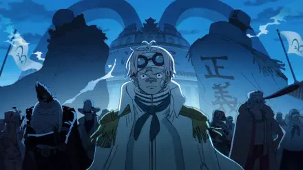 HD anime desktop wallpaper: Koby from One Piece stands solemn in Marine uniform under blue light, framed by towering armored silhouettes, banners and a stormy sky.