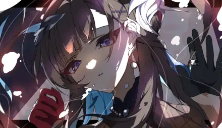 Close-up of Hysilens from the video game Honkai: Star Rail — soft-lit portrait with purple eyes, dark hair and white ribbon, red-gloved hand and floating light flecks. 4K Ultra HD PC desktop wallpaper/background.