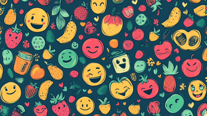 {{ A vibrant HD desktop wallpaper featuring a playful preppy pattern of smiling fruits, emojis, and whimsical elements against a dark background. Perfect for adding a cheerful touch to your screen. 