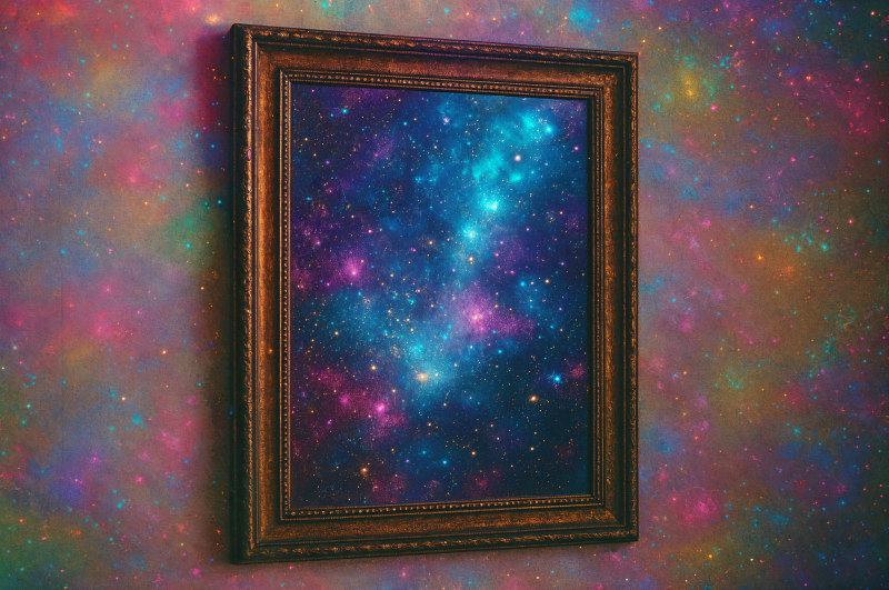 {{ 4K Ultra HD PC desktop wallpaper featuring a wooden-framed mirror reflecting a vibrant galaxy of stars and nebulae against a colorful cosmic background. 