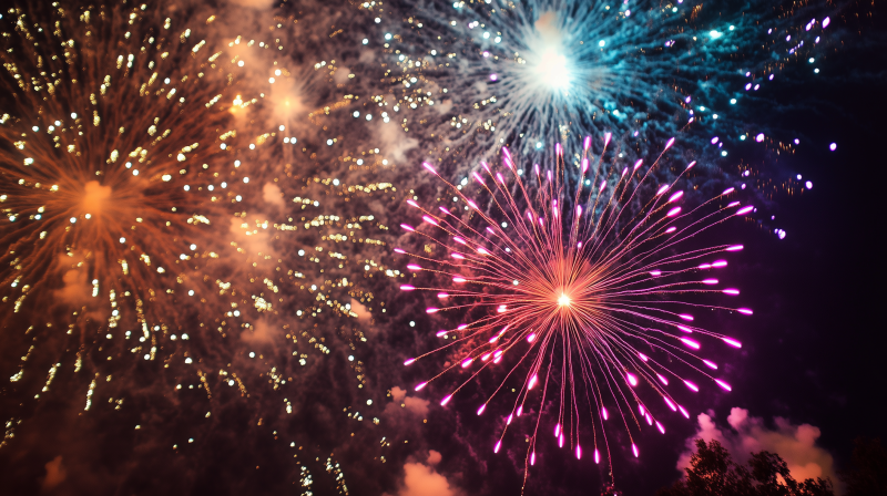 {{ Vibrant, colorful fireworks burst in the night sky, captured in an HD PC desktop wallpaper celebrating a festive moment. 
