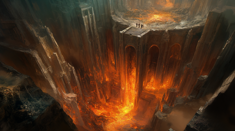 {{ 4K Ultra HD PC desktop wallpaper — fantasy dwarven mine: a vast carved cavern with stone arches, molten lavafalls and bridges, tiny figures overlooking a glowing fiery chasm.