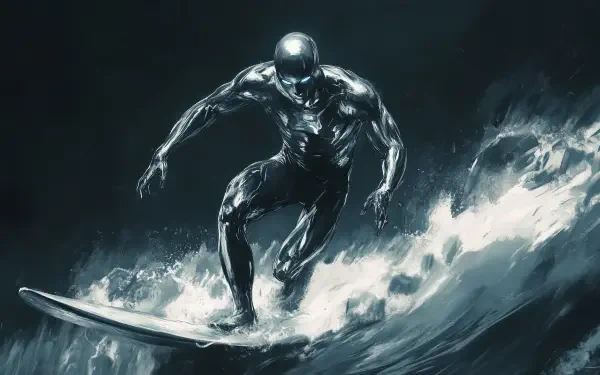 A striking HD desktop wallpaper featuring the Silver Surfer, depicted in a dynamic pose while surfing on vibrant waves, embodying energy and motion in a comic art style.
