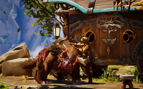 A captivating 4K Ultra HD wallpaper from the video game Eternal Strands, featuring a character interacting with a bear near a richly detailed wooden structure.