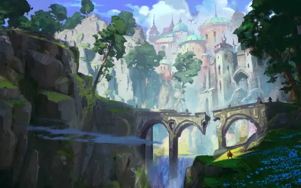 A vibrant fantasy landscape from the video game Eternal Strands, featuring a majestic bridge, lush greenery, and a distant, enchanting city under a bright sky. HD PC wallpaper and background.