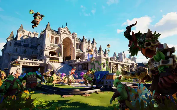 A vibrant HD wallpaper from the game Orcs Must Die! Deathtrap, showcasing a dynamic scene with orcs battling near a grand castle under a clear blue sky.