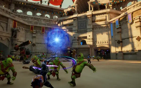 A dynamic scene from the video game Orcs Must Die! Deathtrap, featuring a battle in an arena with colorful banners and orc enemies engaged in combat. High-definition PC desktop wallpaper.