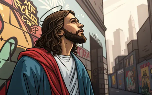 A vibrant 4K Ultra HD wallpaper featuring an artistic depiction of Jesus gazing upward in an urban environment adorned with graffiti.