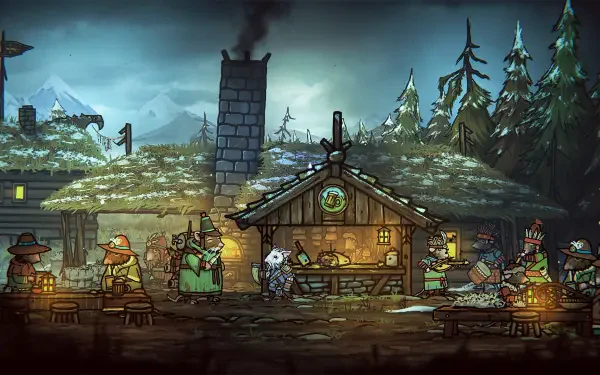 A atmospheric scene from Tails of Iron 2: Whiskers of Winter, depicting a cozy town amidst snowy mountains, where characters engage in activities around a rustic cabin.