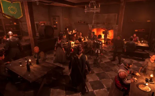 A vibrant scene from the video game The Quinfall, depicting a bustling tavern with characters mingling, dining, and enjoying a warm fire, showcased as an HD PC desktop wallpaper.