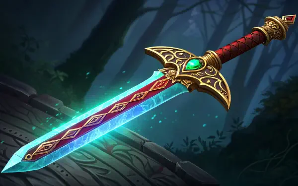 A legendary sword with intricate designs and a glowing blade rests on a stone surface, surrounded by a mystical forest backdrop in stunning 4K Ultra HD.