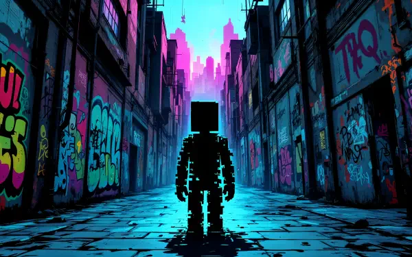 A stylized figure with a blocky head stands in a vibrant, graffiti-covered alleyway, illuminated by a surreal glow, evoking a 'soulless' atmosphere in this 4K Ultra HD desktop wallpaper.