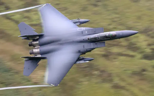 HD desktop wallpaper of a McDonnell Douglas F-15 Eagle military aircraft flying at high speed over a blurred green landscape.