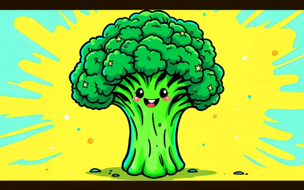 A cute cartoon broccoli vegetable illustration with a happy face, designed as a vibrant 4K Ultra HD PC desktop wallpaper and background.
