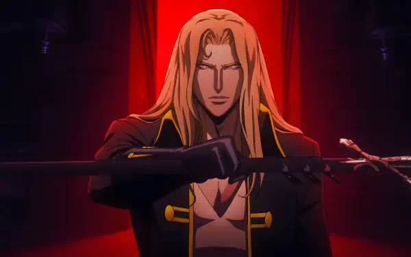 Alucard from Castlevania stands confidently with a sword, set against a striking red background. This 4K Ultra HD wallpaper captures the essence of the anime.