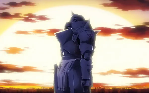 A striking HD wallpaper featuring Alphonse Elric from Fullmetal Alchemist, standing against a vibrant sunset, capturing the essence of this beloved anime character.