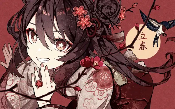 HD PC desktop wallpaper featuring Hu Tao from the video game Genshin Impact, with intricate floral details and a warm red background.