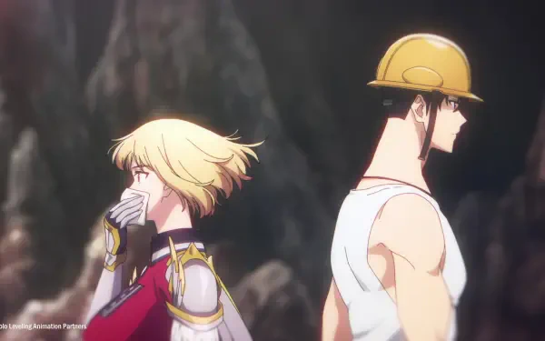 HD Anime desktop wallpaper featuring Cha Hae-in from Solo Leveling, standing back-to-back with a construction worker in a dark, rocky environment.