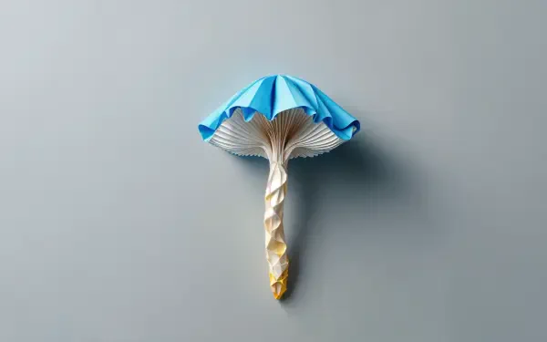 A vibrant blue mushroom made of paper, set against a minimalist gray background. This 4K Ultra HD image showcases a unique take on fungi art, ideal for desktop wallpaper.