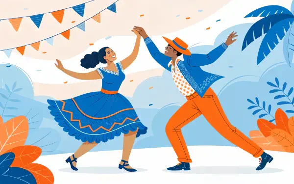 A vibrant illustration of a couple dancing salsa, showcasing lively colors and joyful expressions, set against a festive backdrop, designed as a 4K Ultra HD PC desktop wallpaper.