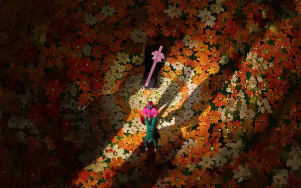 4K Ultra HD Squid Game desktop wallpaper featuring a character in a pink suit standing on a fall leaf-covered ground with shadows creating dramatic lighting effects.