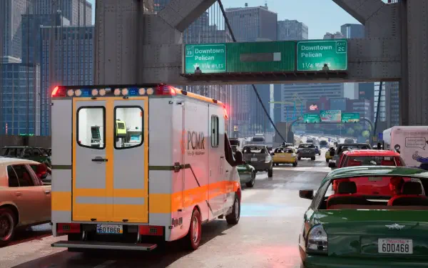High-quality wallpaper featuring an ambulance navigating city traffic, inspired by the video game Ambulance Life: A Paramedic Simulator. City skyline and road signs are visible.