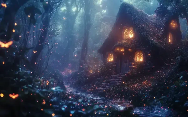 A magical, thatched cottage nestled in a forest, illuminated by warm, glowing windows. Fireflies dance amid a dreamy, enchanted atmosphere, creating a serene, fantasy scene.