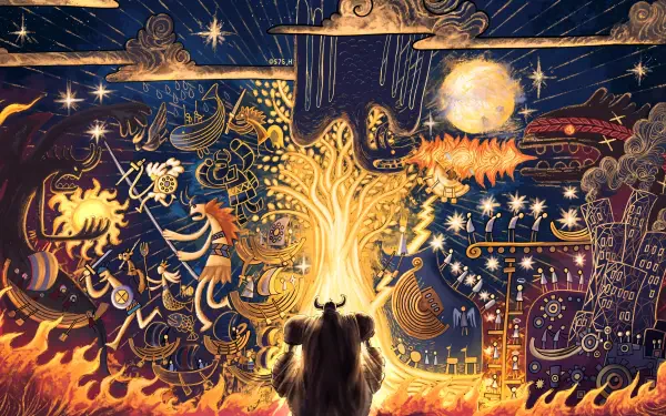 Vibrant 4K Ultra HD wallpaper featuring Franky from One Piece, surrounded by a dynamic scene of ships, celestial elements, and fiery motifs. Perfect for anime fans seeking bold art.