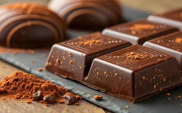 A close-up of artisanal chocolate bars and decorative chocolate pieces on a slate surface, accompanied by cocoa powder and beans, captured in stunning 4K Ultra HD quality.