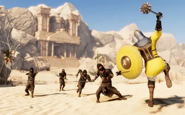 A vibrant 4K Ultra HD wallpaper from the video game Eyes of War, featuring a dynamic scene of a warrior in yellow armor facing off against shadowy enemies in a desert landscape.