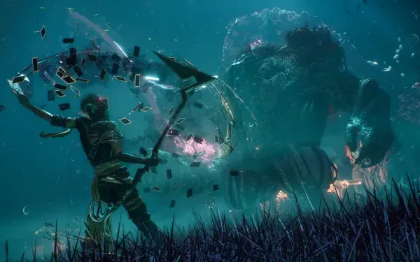 A visually striking 4K Ultra HD PC desktop wallpaper from the game Clair Obscur: Expedition 33, featuring a character battling a massive creature in an underwater scene.